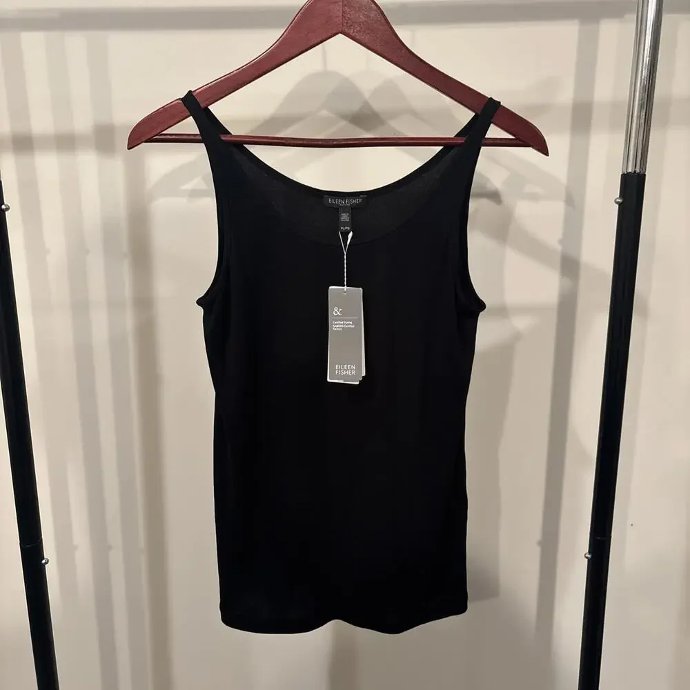 NWT EILEEN FISHER $98 Solid Black Stretch Silk Jersey Tank Top Petite PL/PG - Picture 2 of 6